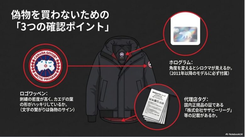ロゴワッペンの刺繍密度、ホログラムのシロクマ、国内正規品の証である株式会社サザビーリーグの代理店タグの確認ポイント
