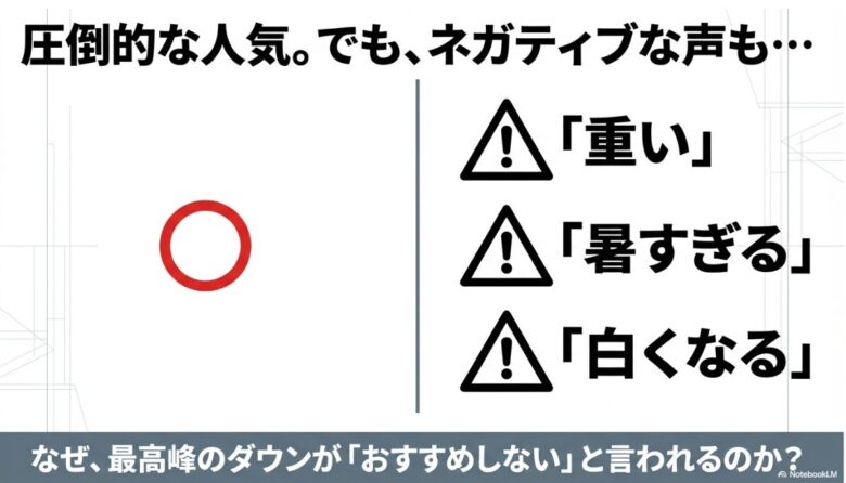 「重い」「暑すぎる」「白くなる」など、カナダグースに対する代表的なネガティブな意見をまとめたスライド