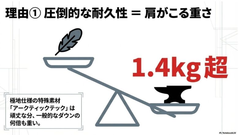 極地仕様の特殊素材「アークティックテック」が、一般的なダウンの何倍も重く1.4kgを超える理由を解説するスライド