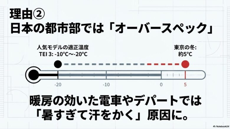 人気モデルの適正温度TEI3（マイナス10〜20度）と東京の冬の平均気温（5度）を比較し、暑すぎの原因を示す図解スライド
