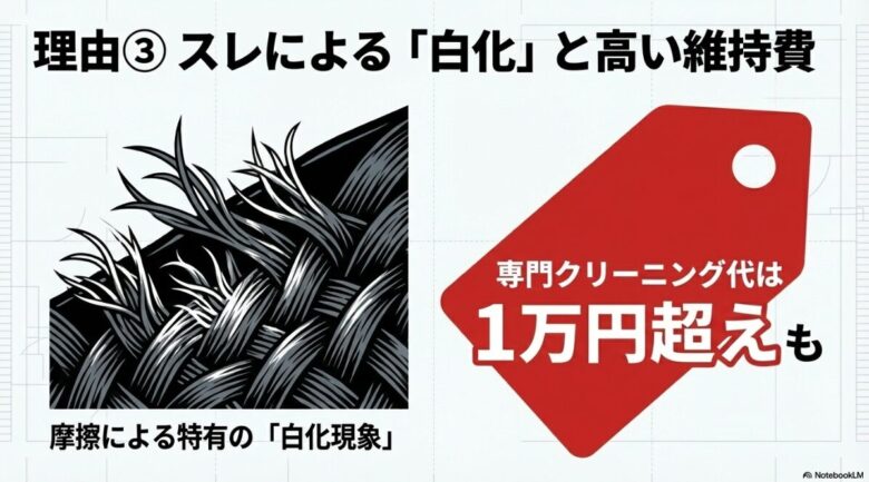 摩擦によって生地が毛羽立ち、光が乱反射して白っぽく見える白化現象の仕組みを拡大図で示したスライド