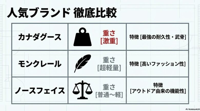 カナダグース、モンクレール、ザ・ノース・フェイスの3大ブランドについて、重さと特徴を比較した図解スライド