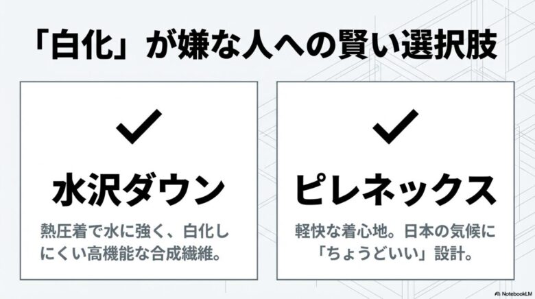 白化に強い水沢ダウンの熱圧着構造と、日本の気候に適したピレネックスの特徴を紹介するスライド