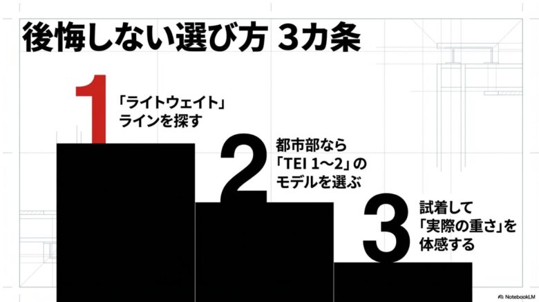 ライトウェイトラインの検討、適正なTEIモデルの選択、実際の重さを体感することの3つの重要ポイントをまとめたスライド