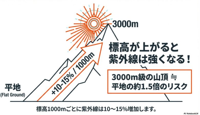 標高1000mごとに紫外線が10〜15%増加し、3000m級山頂では平地の約1.5倍のリスクになることを示す解説図