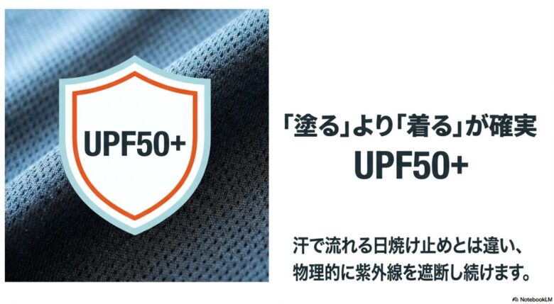 「塗るより着る」をコンセプトに、汗で流れない物理的な紫外線遮断効果を強調するUPF50+のロゴと生地のイメージ