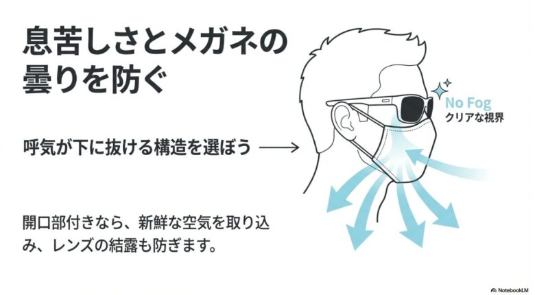 呼気が下に抜ける開口部付き構造によって、新鮮な空気を取り込みつつレンズの結露を防ぐ仕組みの図解