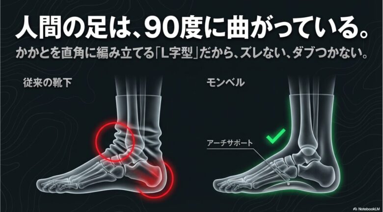 従来の靴下と、かかとを直角に編み立てたモンベルのL字型靴下のフィット感の違いをレントゲン風に示した図