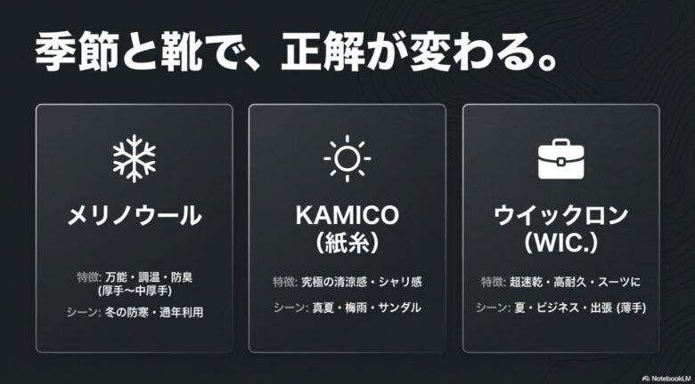 メリノウール（万能・防寒）、KAMICO（真夏・清涼）、ウイックロン（速乾・ビジネス）の3素材の特徴とシーンをまとめた一覧表