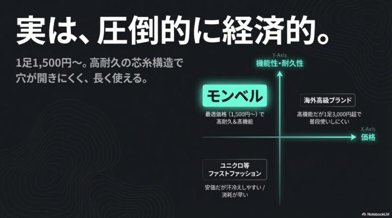 モンベルが最適価格で高耐久・高機能であることを示す、他社ブランドとの機能・耐久性と価格の比較グラフ