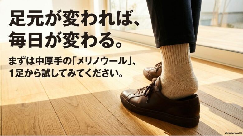「足元が変われば、毎日が変わる。まずは中厚手のメリノウール、1足から試してみてください」という結びのスライド