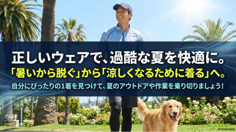 「暑いから脱ぐ」から「涼しくなるために着る」へという意識の変化を促し、自分にぴったりの1着を見つけることを推奨するまとめスライド。