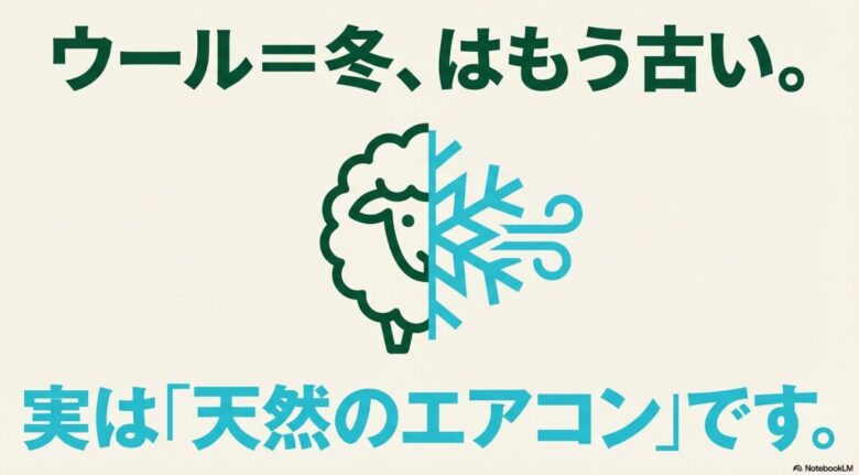 メリノウールが「天然のエアコン」であることを、羊と雪の結晶、風のアイコンで表現したイメージ図