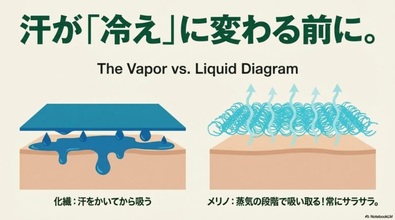 化学繊維が液体の汗を吸うのに対し、メリノウールは蒸気の段階で吸い取るため常にサラサラであることを示す比較図