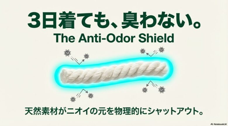 3日着ても臭わない、天然素材がニオイの元を物理的にシャットアウトする防臭効果のイメージ図