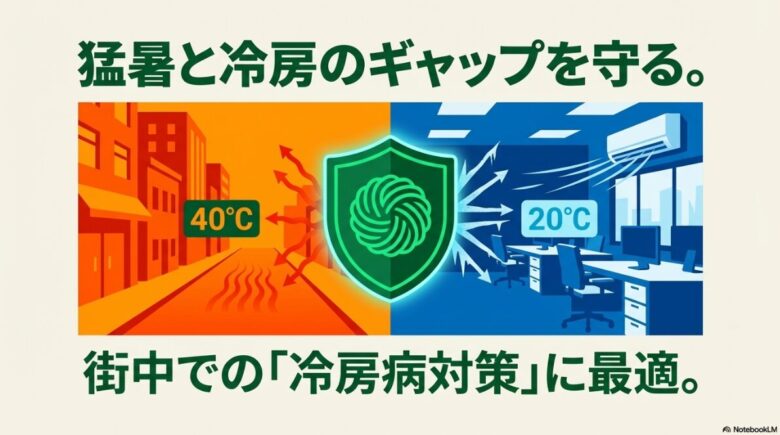 40度の猛暑の街中と20度の冷房が効いたオフィスでの温度差から体を守るメリノウールのイメージ図
