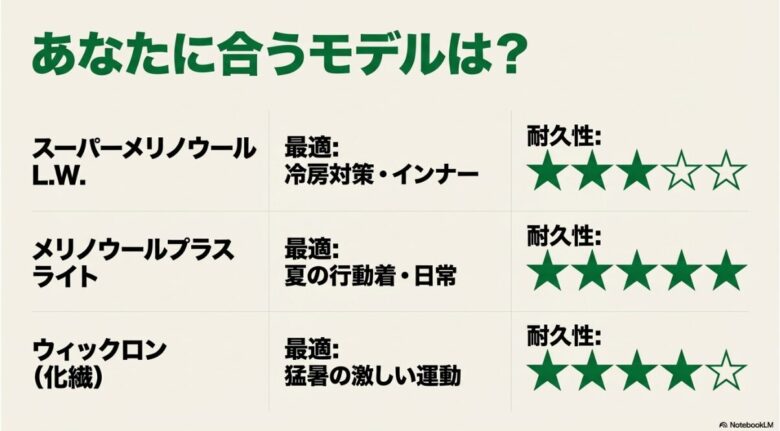 スーパーメリノウールL.W.、メリノウールプラス、ウィックロンの耐久性と最適な用途をまとめた比較表