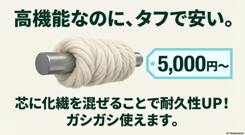 「高機能なのに、タフで安い。」というキャッチコピーと、5,000円からの価格設定、化繊を混ぜた耐久性向上を説明するスライド