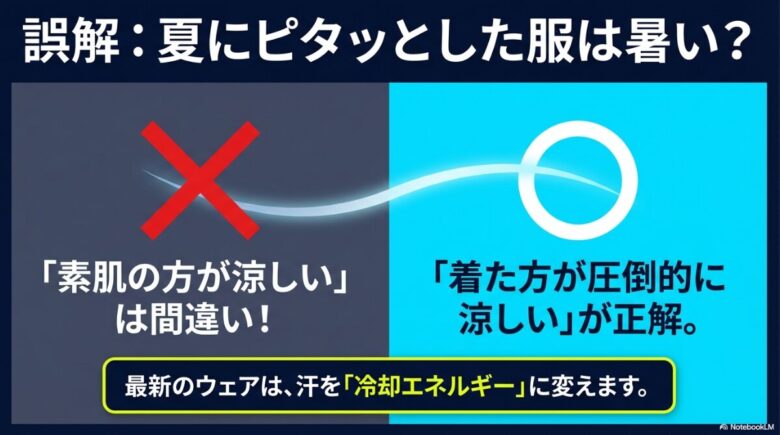 「素肌の方が涼しい」という誤解に対し、最新ウェアは汗を「冷却エネルギー」に変えるため着た方が圧倒的に涼しいことを説明するスライド。