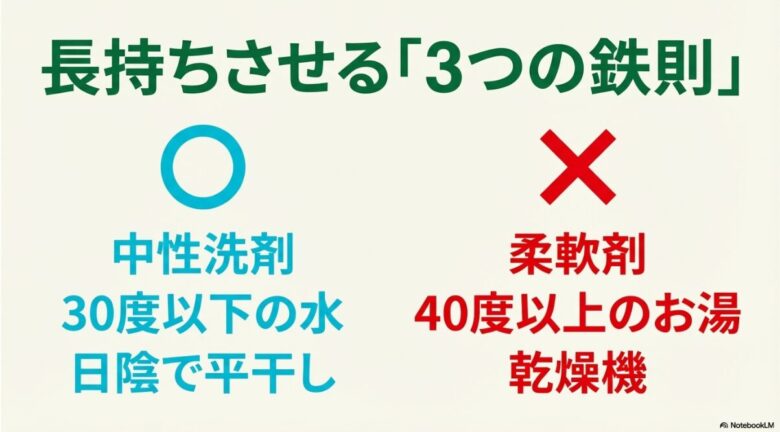 中性洗剤・30度以下の水・日陰で平干しを推奨し、柔軟剤・乾燥機・お湯を避けるべきことを示すアイコン図