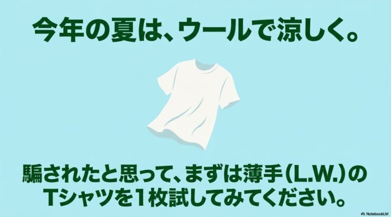 「今年の夏は、ウールで涼しく。」というメッセージと共に、まずは薄手(L.W.)のTシャツを試すことを推奨するスライド