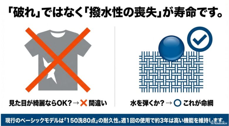 破れではなく撥水性の喪失が寿命であることを示すイラスト。現行モデルの150洗80点という耐久性と3年の機能維持目安の解説