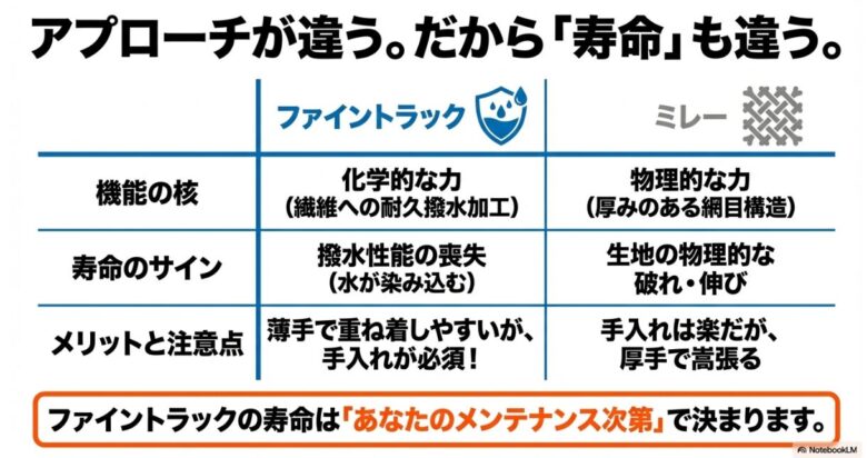 ファイントラック（化学的な力・撥水性重視）とミレー（物理的な力・網目構造重視）の寿命サインと特徴の比較表