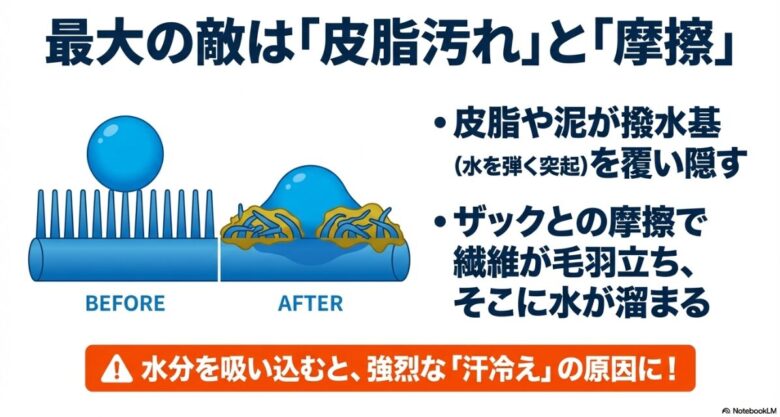 皮脂汚れや摩擦によって撥水基が倒れたり覆われたりするビフォーアフター図。汗冷えの原因となるメカニズムの解説
