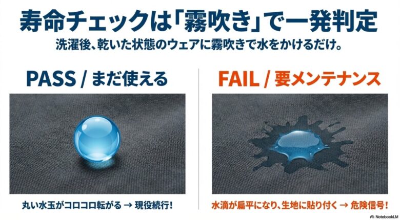 霧吹きで水をかけた際の水滴の状態による判定。丸い水玉なら現役、扁平になり染み込むなら要メンテナンスという比較写真