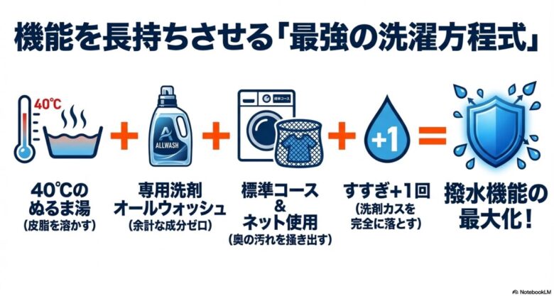 40度のお湯、専用洗剤、標準コース、ネット使用、すすぎプラス1回を組み合わせた、撥水機能を最大化する洗濯手順のアイコン図