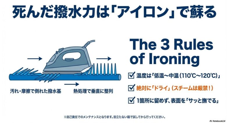 熱処理によって倒れた撥水基が垂直に整列する図解。低温〜中温、ドライ設定、サッと撫でるという3つのルールの解説