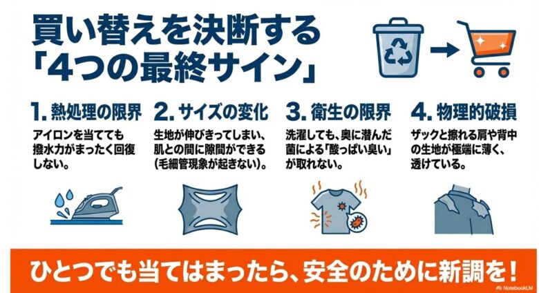 1.熱処理の限界、2.サイズの変化、3.衛生の限界、4.物理的破損という、買い替えを決断すべき4つのポイントのまとめイラスト。