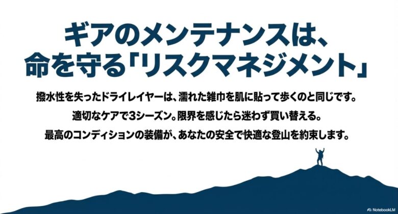 撥水性を失ったウェアは濡れた雑巾と同じであるという警告。適切なケアと限界時の買い替えが登山の安全を約束するというメッセージ。