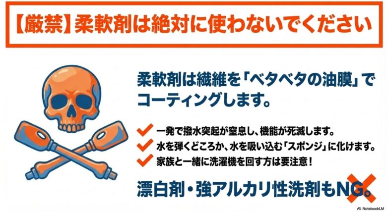柔軟剤を使用すると撥水突起が油膜で窒息し、水を吸い込むスポンジに化けることを示すドクロマークの警告イラスト