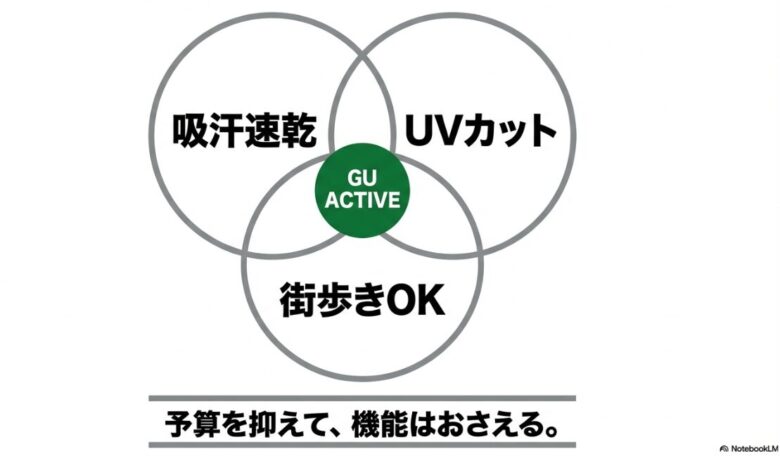 吸汗速乾、UVカット、街歩きOKなど、予算を抑えて機能をおさえるGU ACTIVEの魅力。