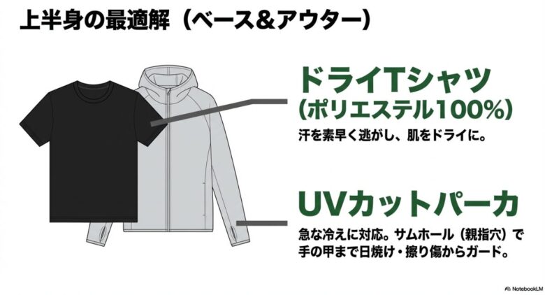 ポリエステル100%のドライTシャツと、手の甲をガードするサムホール付きUVカットパーカの組み合わせ
