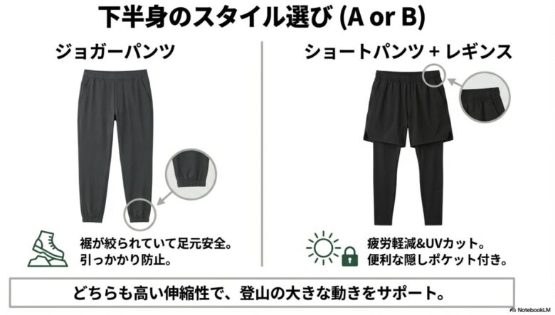 裾が絞られたジョガーパンツと、疲労軽減・UVカット効果のあるショートパンツ＋レギンスのスタイル比較。