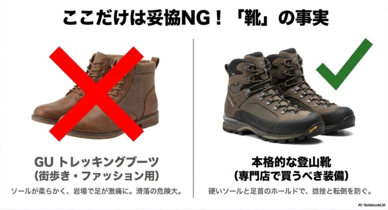 GUのブーツはファッション用で危険、本格的な登山靴は硬いソールで捻挫や転倒を防ぐという妥協NGな靴の事実。