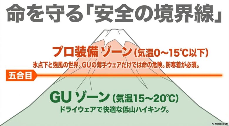 気温15～20℃のGUゾーンと、0～15℃以下で防寒着が必須となるプロ装備ゾーンの標高・気温別解説図