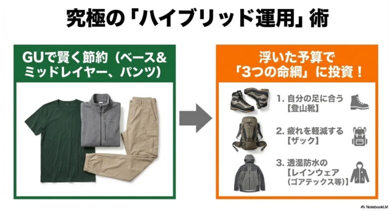 ウェアはGUで節約し、浮いた予算で登山靴・ザック・レインウェアの「3つの命綱」に投資する運用のコツ。