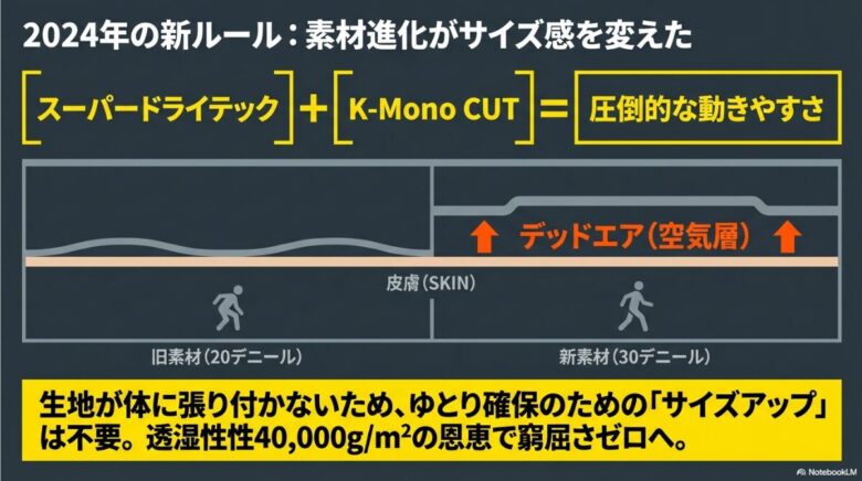 旧素材（20デニール）と新素材（30デニール）を比較し、新素材は生地が皮膚に張り付かずデッドエア（空気層）を確保できるため、無駄なサイズアップが不要であることを示す図解