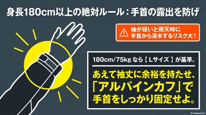身長180cm以上の人は手首の露出を防ぐためにLサイズを基準とし、アルパインカフで袖口を固定して浸水リスクを抑えるべきであることを示すイラスト。
