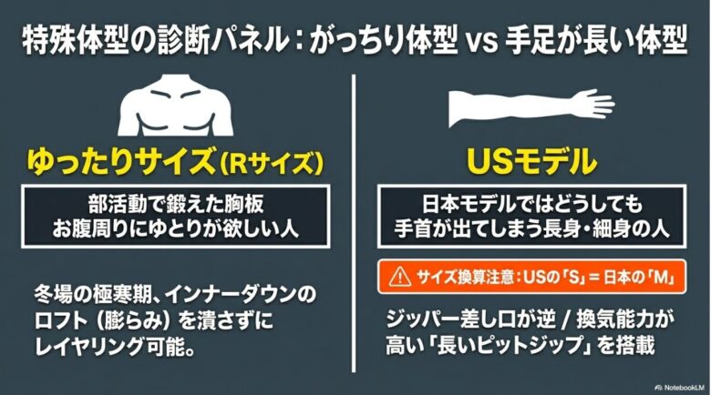 胸板が厚い人向けの「ゆったりサイズ（Rサイズ）」と、手足が長い人向けの「USモデル」の特徴を比較した診断パネル。