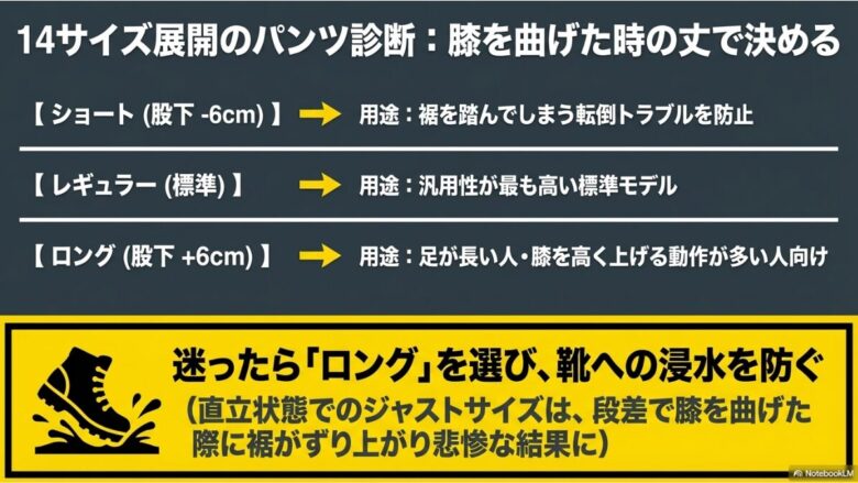 ショート、レギュラー、ロングの3タイプの用途を解説し、膝を曲げた時の裾のずり上がりを防ぐために迷ったら「ロング」を選ぶことを推奨する診断画像。