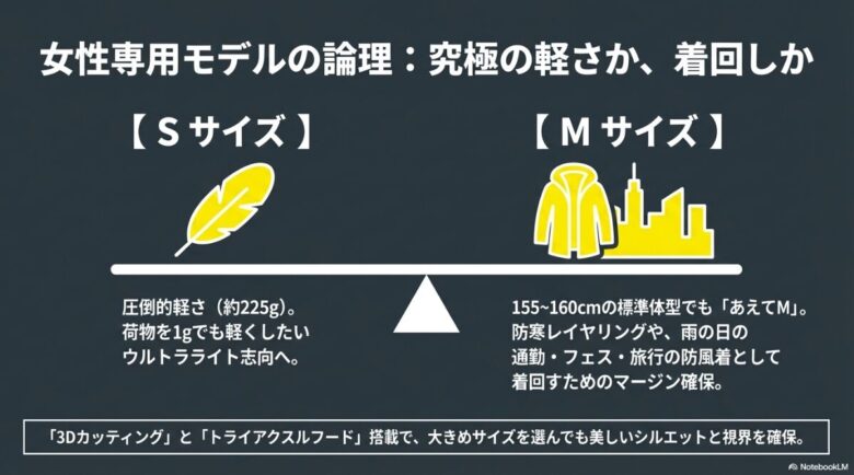 軽さを追求するSサイズと、着回しやレイヤリングのマージンを確保するMサイズの選び方を解説した女性専用モデルの比較画像。