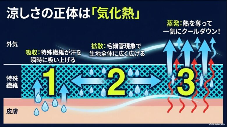 特殊繊維が汗を瞬時に吸収・拡散し、蒸発する際の気化熱で肌の熱を奪ってクールダウンするメカニズムの図解