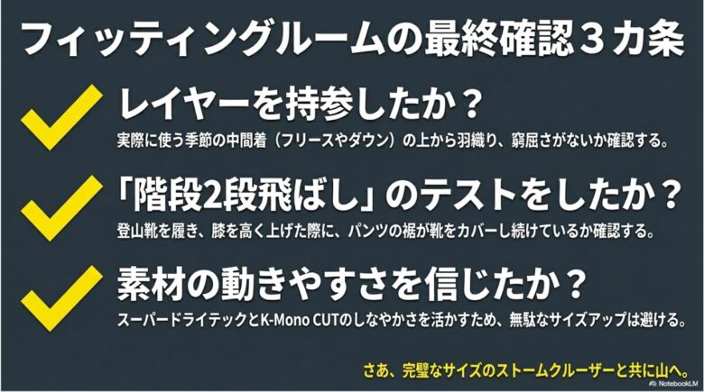 レイヤー持参の確認、階段2段飛ばしテスト、素材の動きやすさへの信頼という、購入前に確認すべき3つの重要ポイントをまとめたリスト