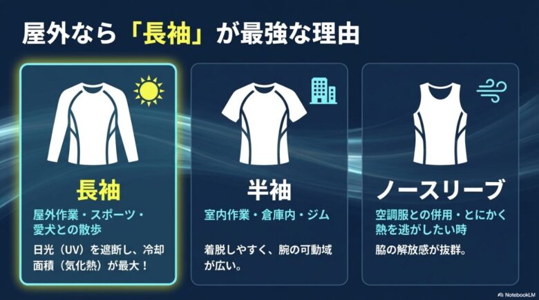 長袖（屋外・スポーツ）、半袖（室内・倉庫）、ノースリーブ（空調服併用）それぞれのメリットと推奨利用シーンをまとめた表