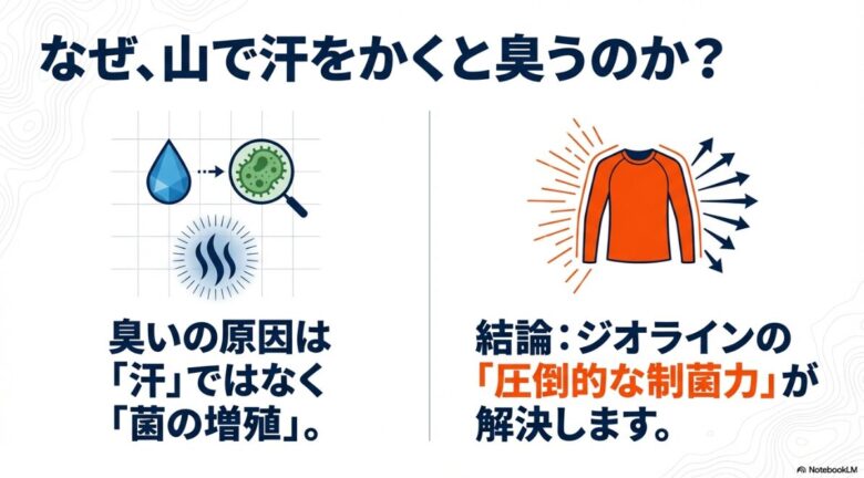 汗そのものではなく菌の増殖が臭いの原因であることを説明し、ジオラインの制菌力が解決策であることを示す図解