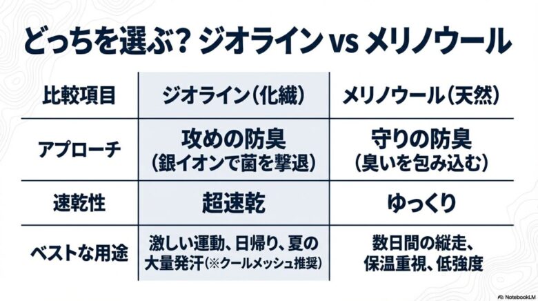 ジオラインとメリノウールの防臭アプローチ（攻めと守り）、速乾性、最適な用途の違いをまとめた比較表